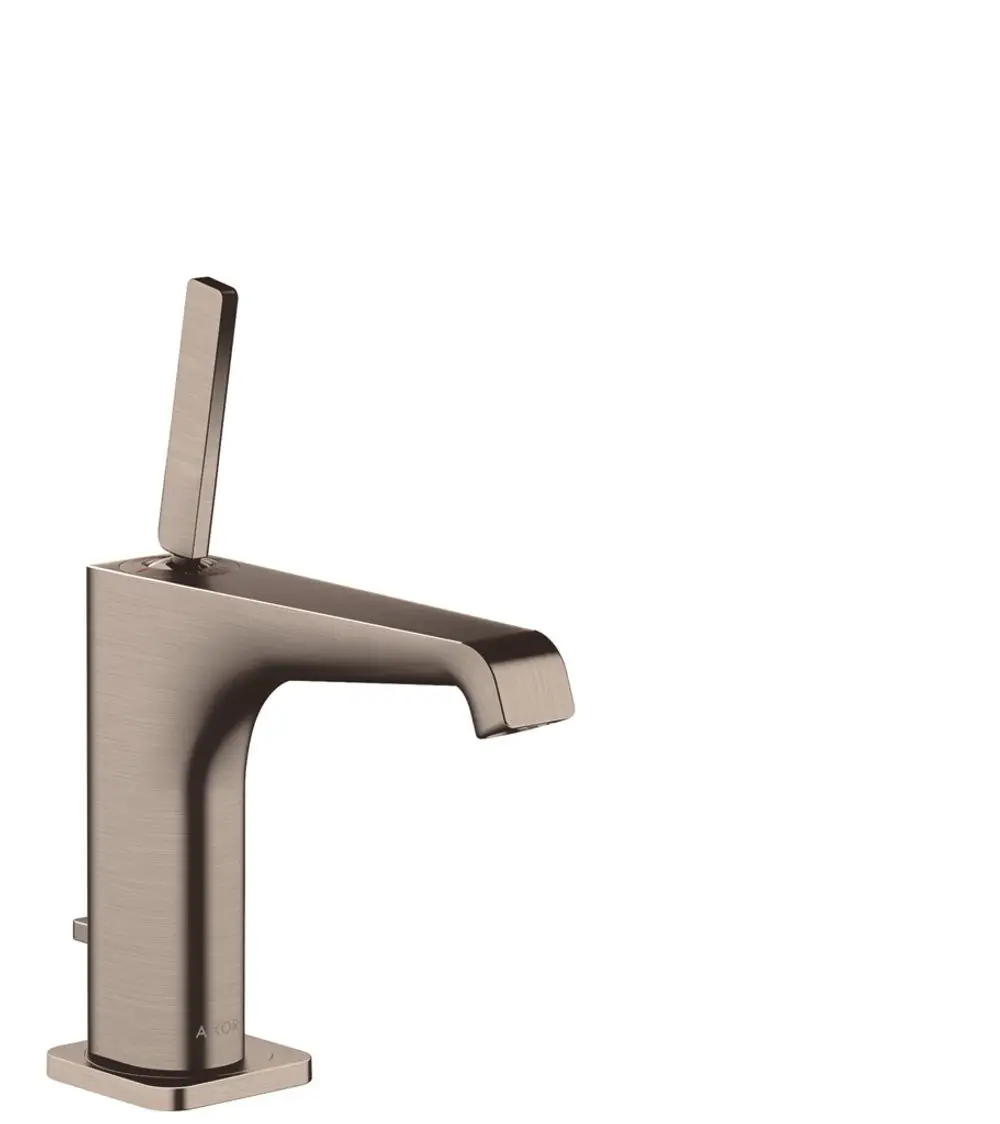 Einhebel-Waschtischmischer mit rechteckiger Auslaufform und schmalem Hebel. Ausführung in brushed Nickel von AXOR, geeignet für modernen Sanitärbereich.